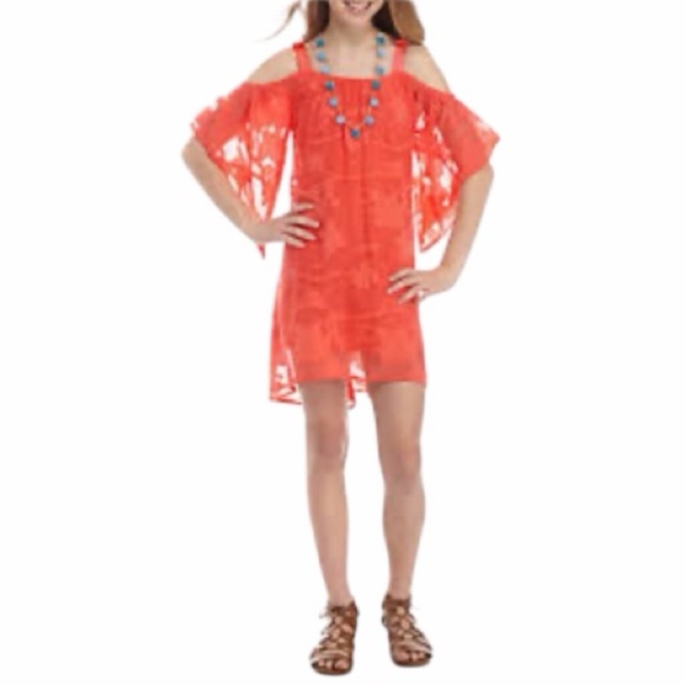 Sequin Hearts Girls Dress Size 12 Coral Cold Shoulder Floral Boho w Necklace